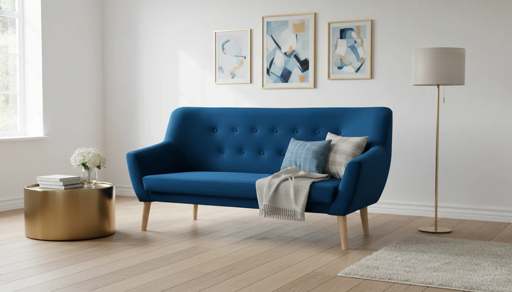 Canapea Nordic 3, albastru închis Bluvel 86, stofă catifelată/lemn, 180x75x90 cm [2]