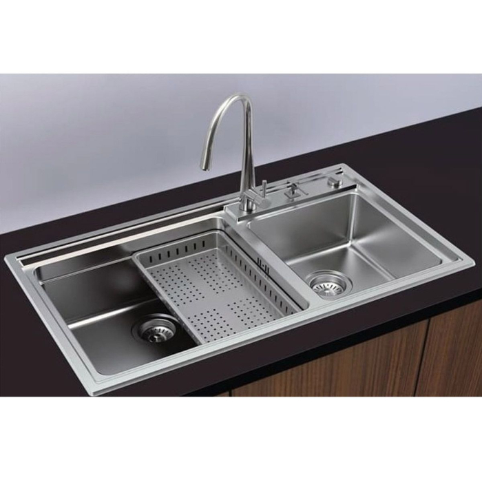 Chiuvetă bucătărie BL-709 860 × 500 × 220 mm, finisaj satinat, cu valvă și sifon [2]