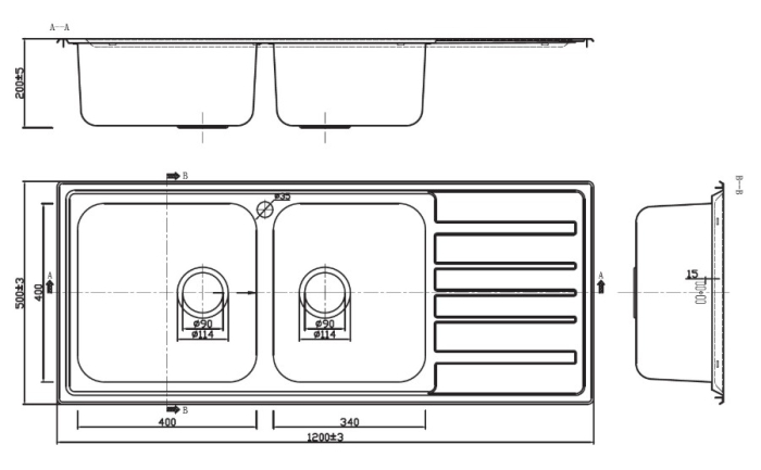 Chiuvetă bucătărie BL-822 1200 × 500 × 200 mm, inox S/S304, cu valvă [2]