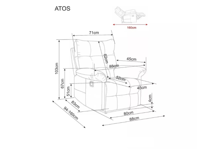 Fotoliu Atos Raven cu recliner manual, material textil bej inchis, 88x94–160 x H103 cm [5]