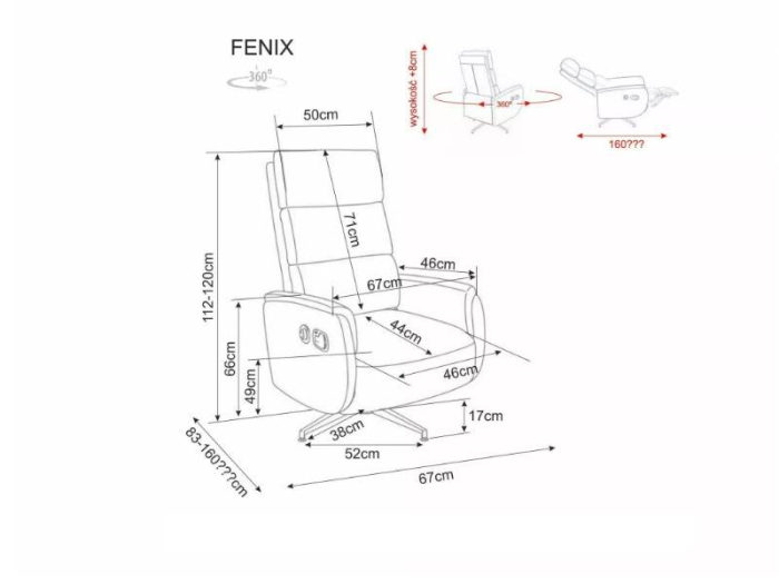 Fotoliu Fenix Raven rotativ cu recliner electric, material textil maro, 67x83–160xH112–120 cm [3]