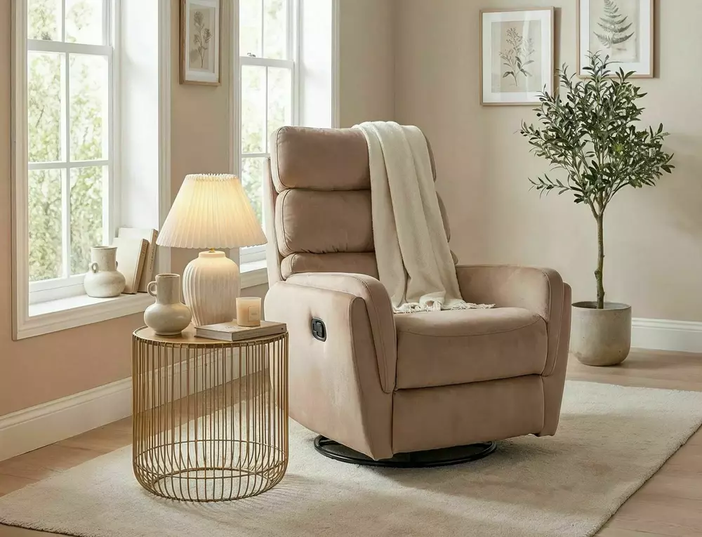 Fotoliu recliner Argos Velvet, stofă catifelată bej Bluvel 28, 78x84–162 x H107 cm [7]