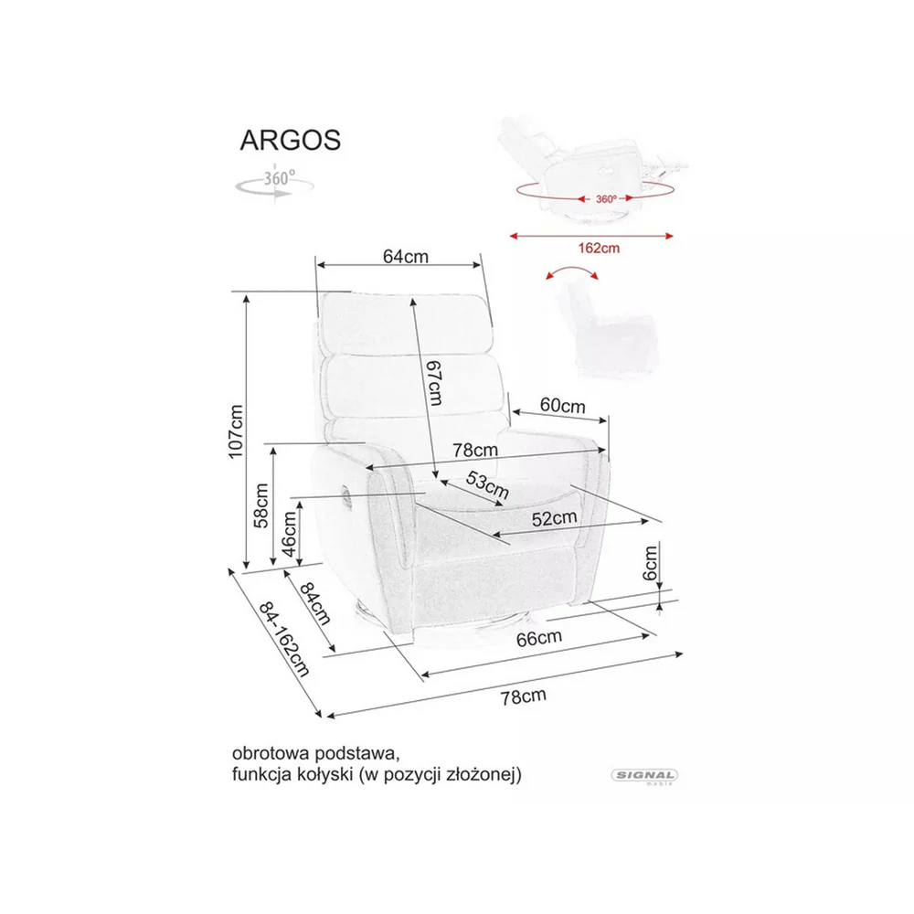 Fotoliu recliner Argos, stofă catifelată gri Bluvel 14, 78x84–162 x H107 cm [7]