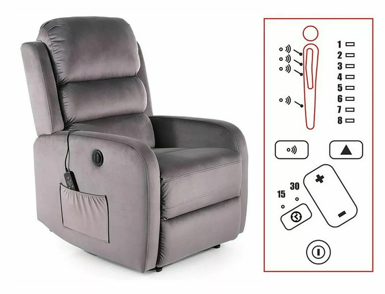 Fotoliu recliner cu funcție de masaj Pegaz M Velvet, gri, 64x88–160x102 cm [2]