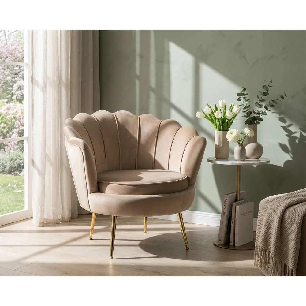 Fotoliu scoica CAMELLIA 1, stofa catifelata bej - Bluvel 28, 81x76x77 cm [2]