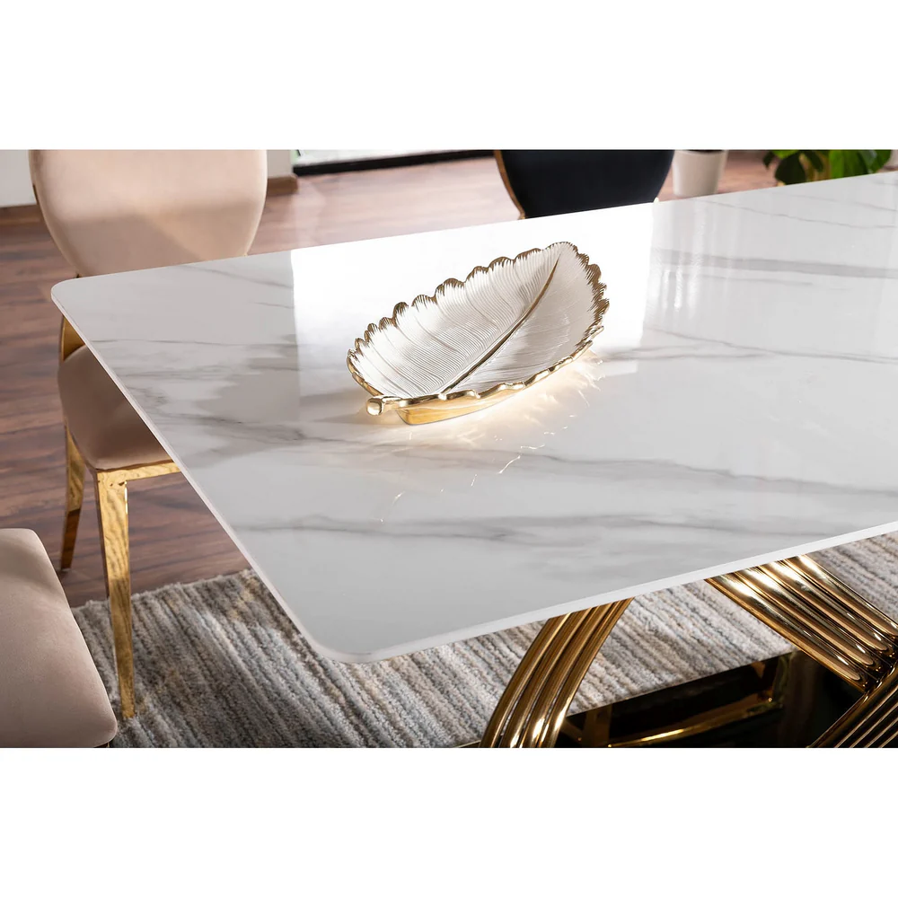 Masa HERMES - 160x90x75 cm, alb cu efect de marmura/auriu [5]