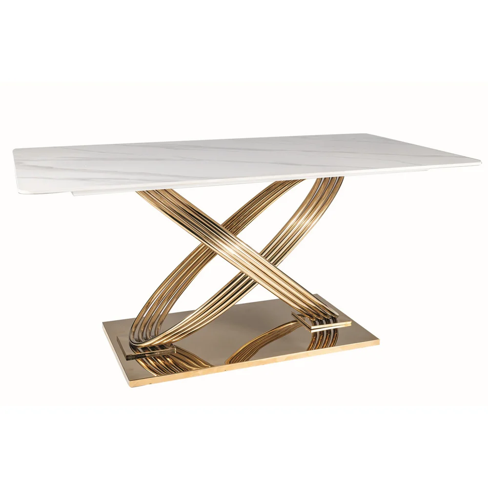 Masa HERMES - 160x90x75 cm, alb cu efect de marmura/auriu [3]
