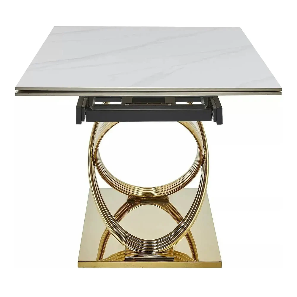 Masa HERMES II - 160/240x90x75 cm, alb cu efect de marmura/auriu [6]