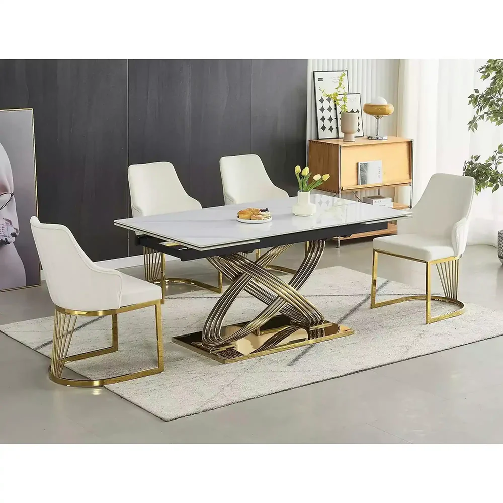 Masa HERMES II - 160/240x90x75 cm, alb cu efect de marmura/auriu [2]