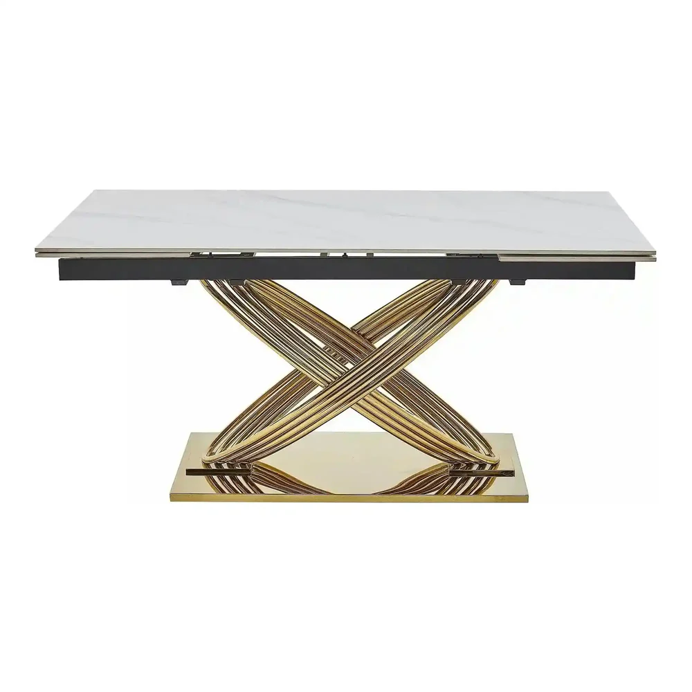Masa HERMES II - 160/240x90x75 cm, alb cu efect de marmura/auriu [4]