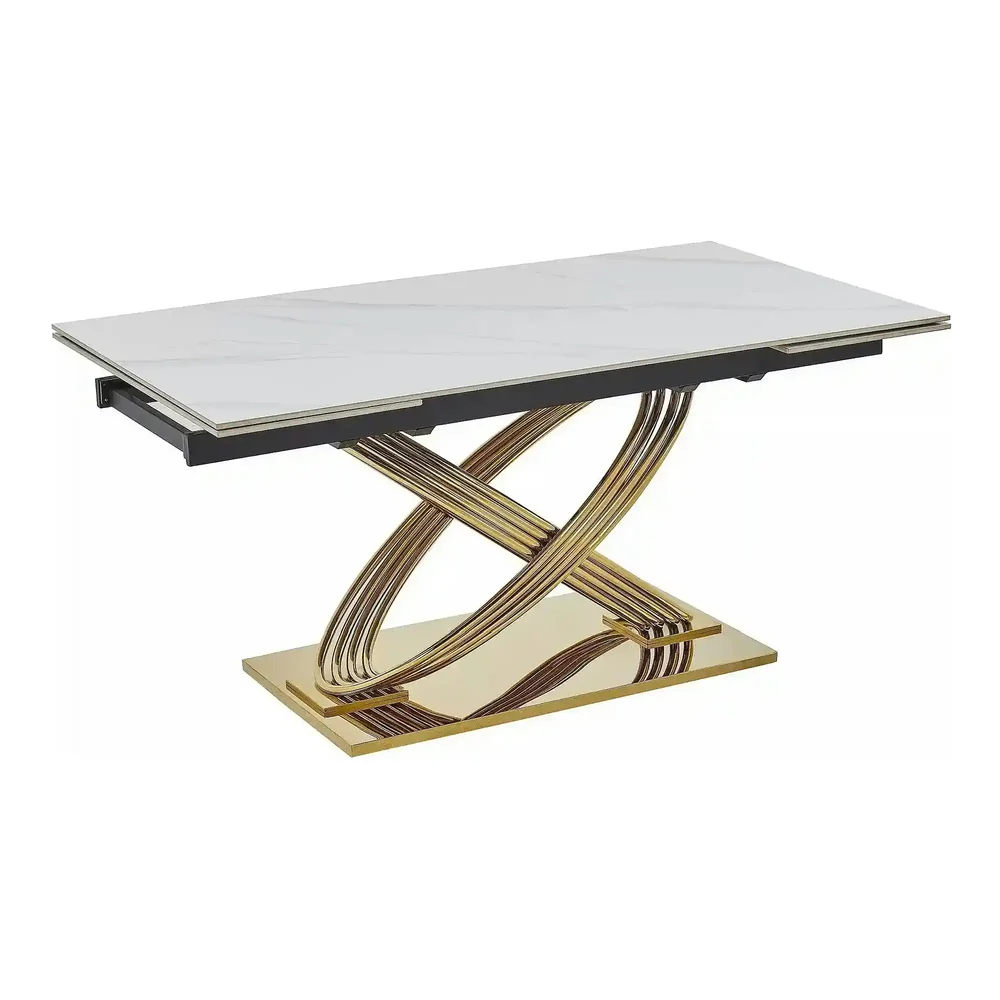 Masa HERMES II - 160/240x90x75 cm, alb cu efect de marmura/auriu [3]