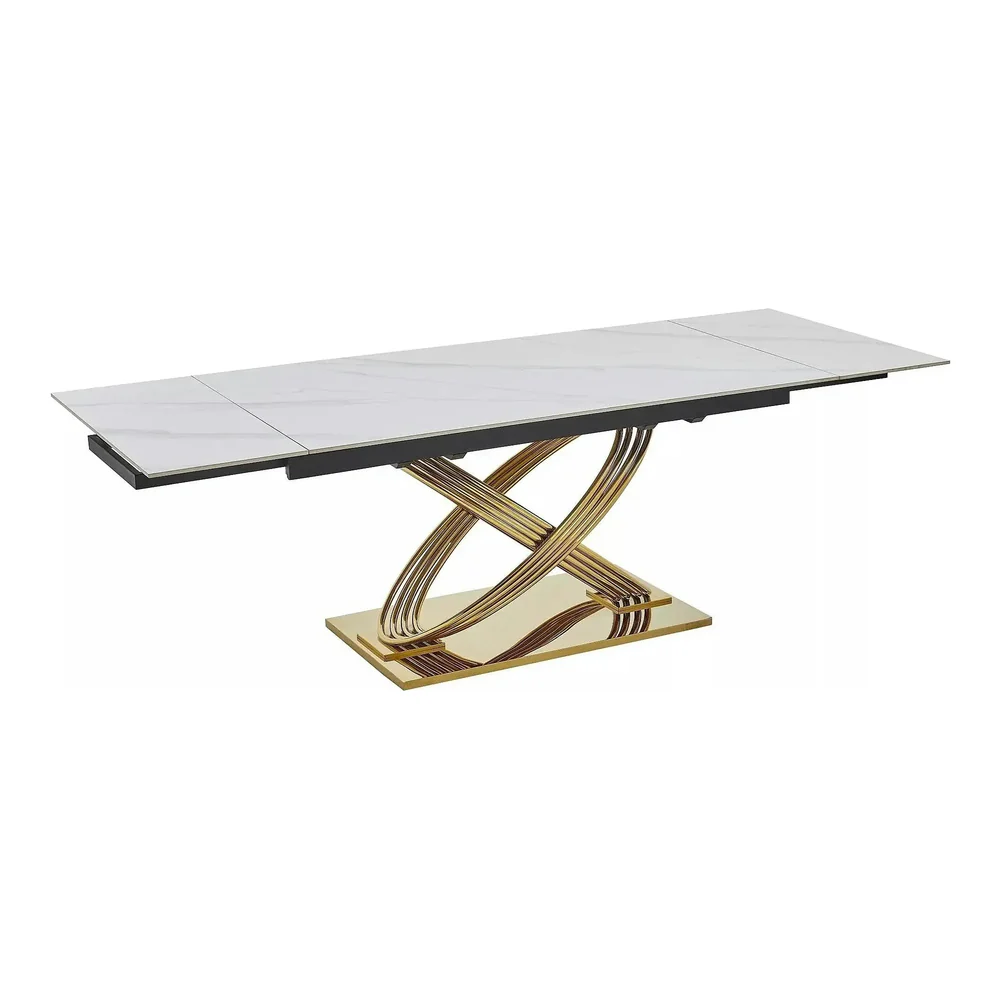 Masa HERMES II - 160/240x90x75 cm, alb cu efect de marmura/auriu [5]