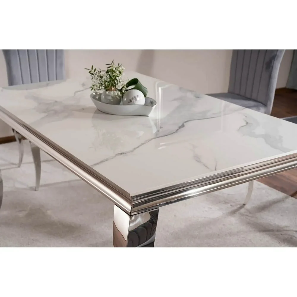 Masa PRINCE - 150x90x75 cm, alb cu efect de marmura/crom, ceramica/metal [6]