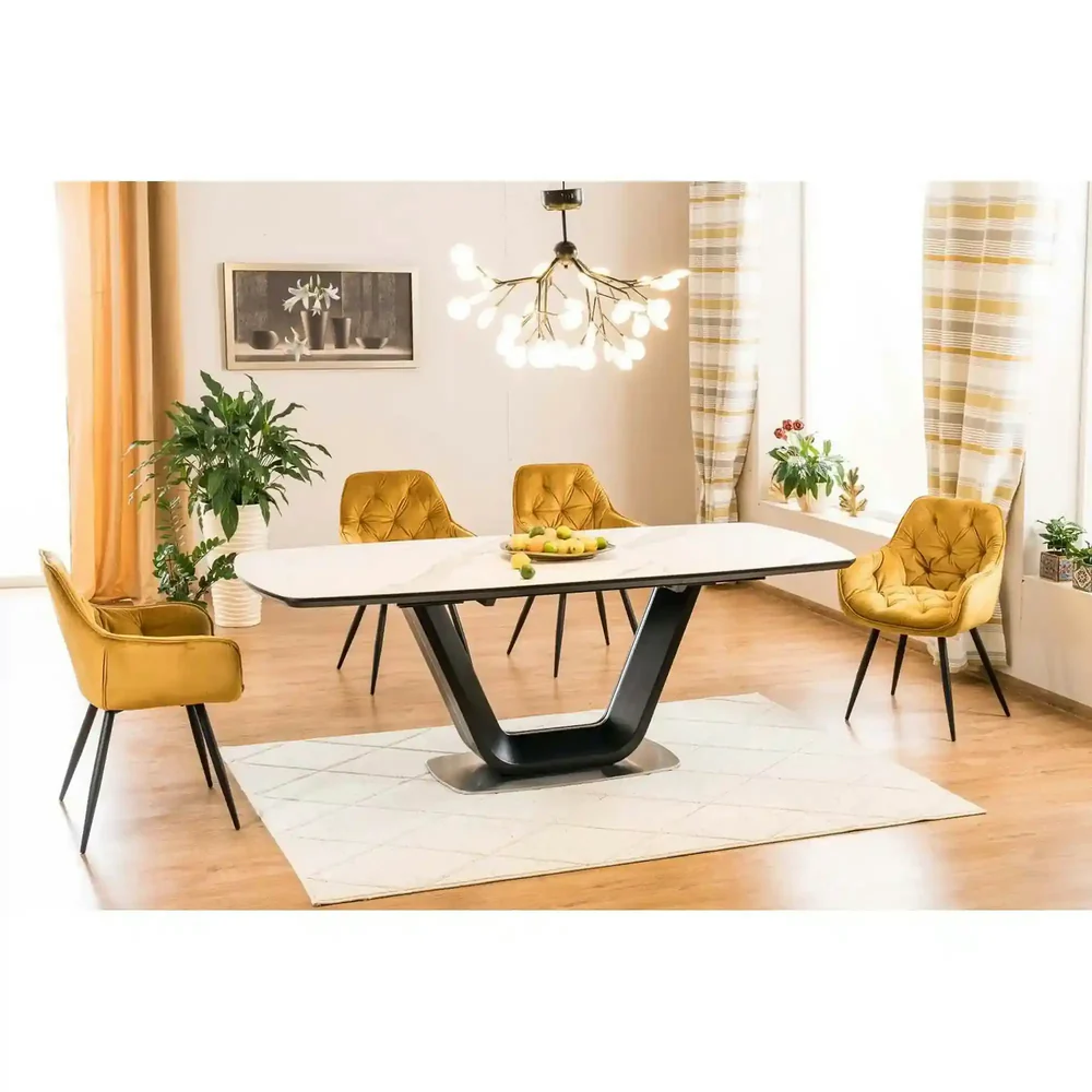 Scaun CHERRY – 58x57x87 cm, galben / negru, stofă catifelată / metal [4]
