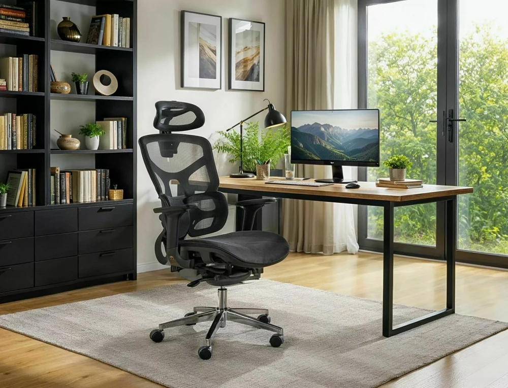 Scaun EQ-1 din plasă neagră și metal argintiu – 51x53x112–122 cm [3]