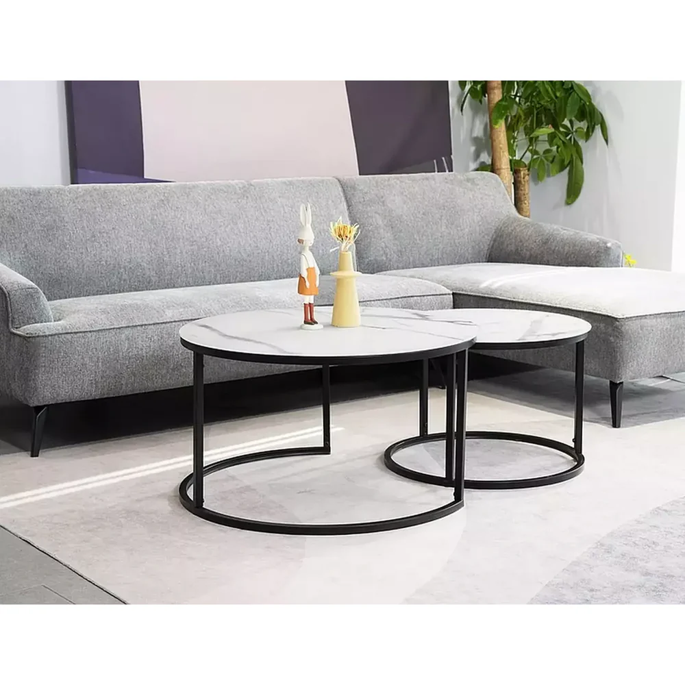 Set 2 masute ATLANTA C - 80x45 cm / 60x42 cm - marmura/negru, sticla/metal [2]