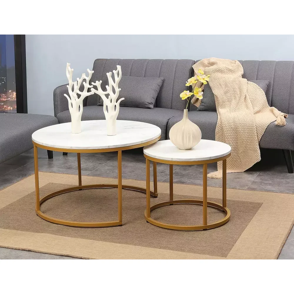 Set 2 masute cafea DION - D80/48 x 48/42 cm - alb cu efect de marmura/auriu [3]
