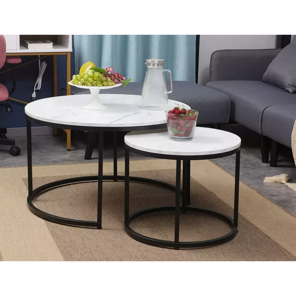 Set 2 masute cafea DION - D80/48 x 48/42 cm - marmura/negru, PAL laminat/metal [2]