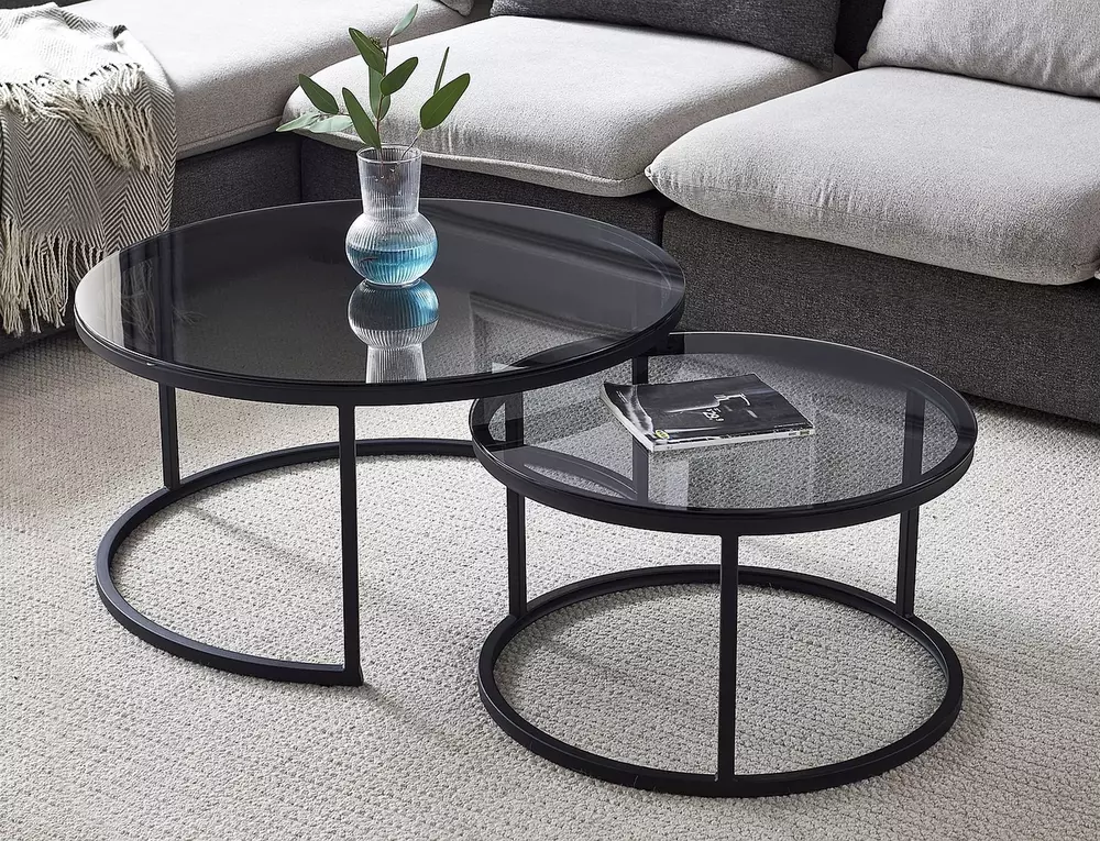 Set 2 masute FERRANTE E, 80 x 42 cm/60 x 38 cm, fumuriu/negru, sticla/metal [2]