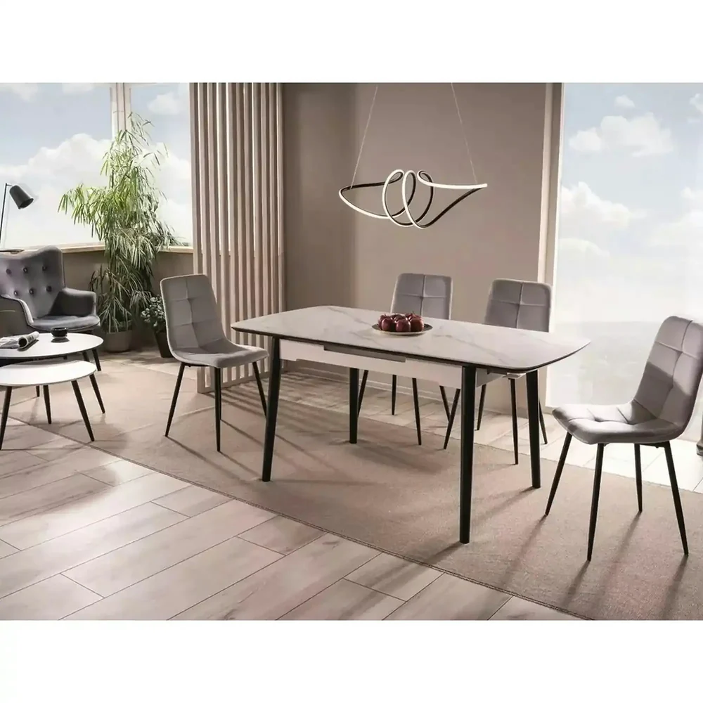 Mese dreptunghiulare - Masa extensibila APOLLO, alb cu efect de marmura/negru, 120/160x80x76 cm