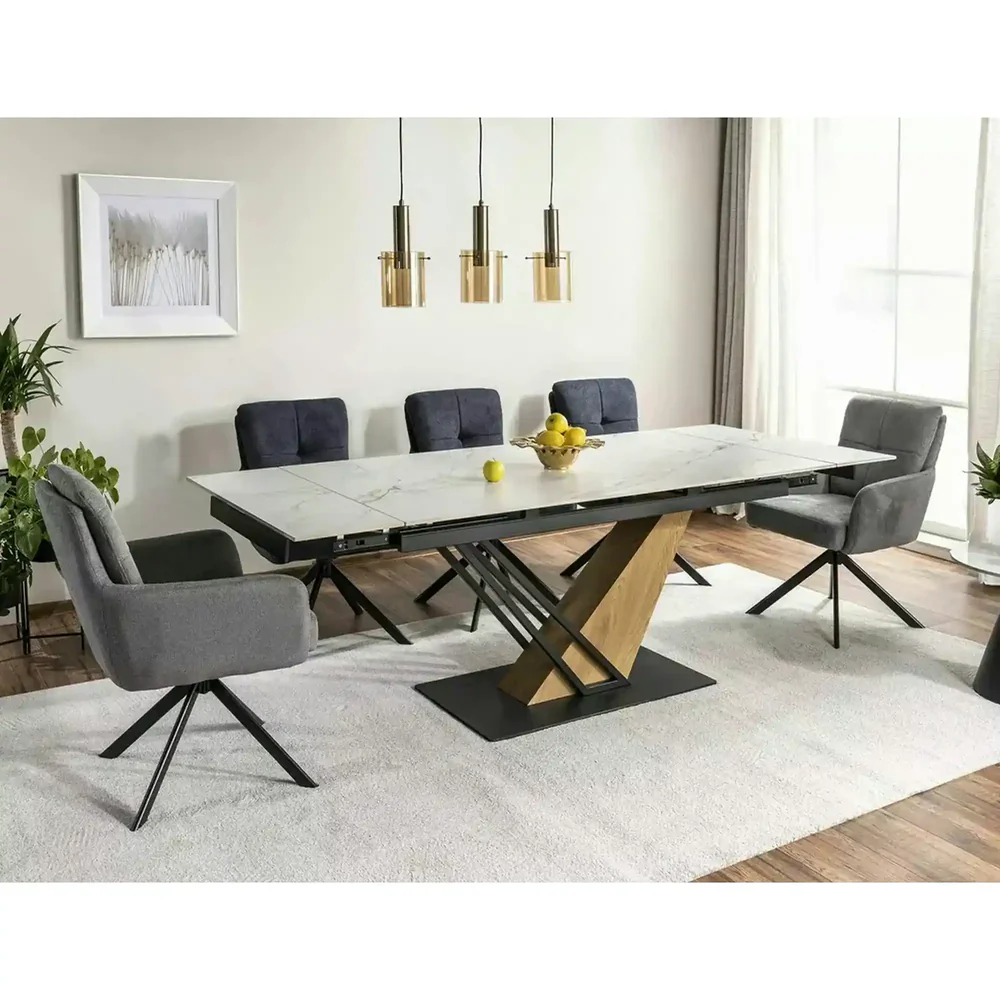 Mese - Masa extensibila GENESIS, alb cu efect de marmura/negru/stejar, 180/240x90x76 cm
