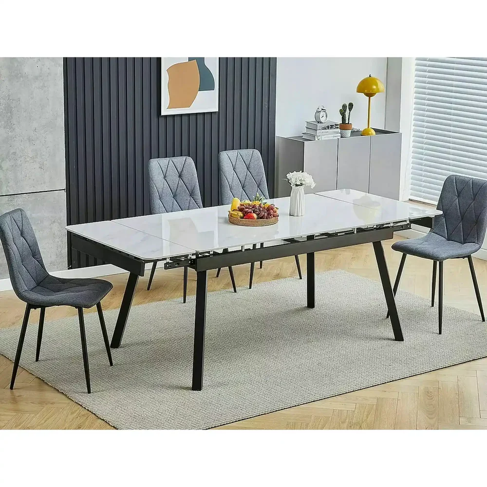 Mese dreptunghiulare - Masa extensibila JOHN, crem cu efect de marmura/negru mat,120/180x85x76 cm