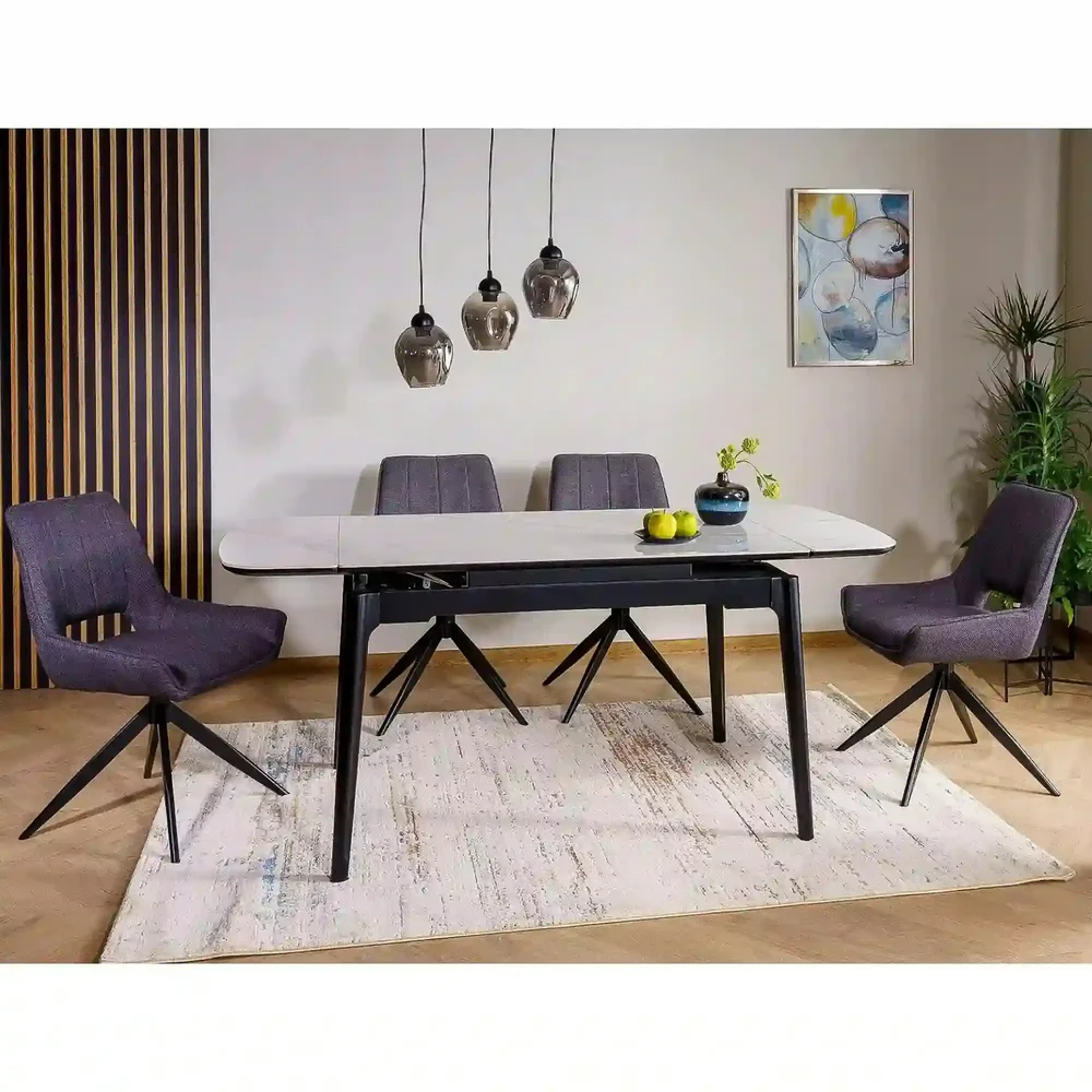 Mese dreptunghiulare - Masa extensibila SENTO, alb cu efect de marmura, 120/180x80x76 cm