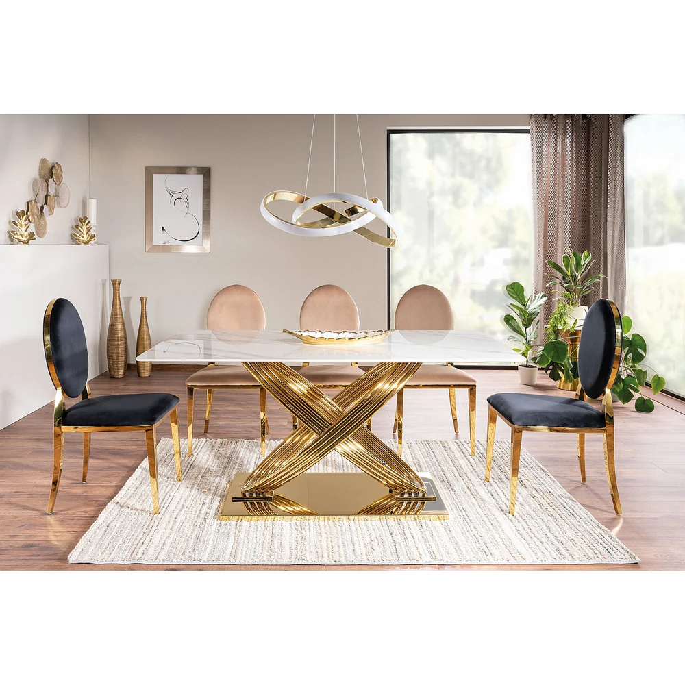 Mese dreptunghiulare - Masa HERMES - 160x90x75 cm, alb cu efect de marmura/auriu