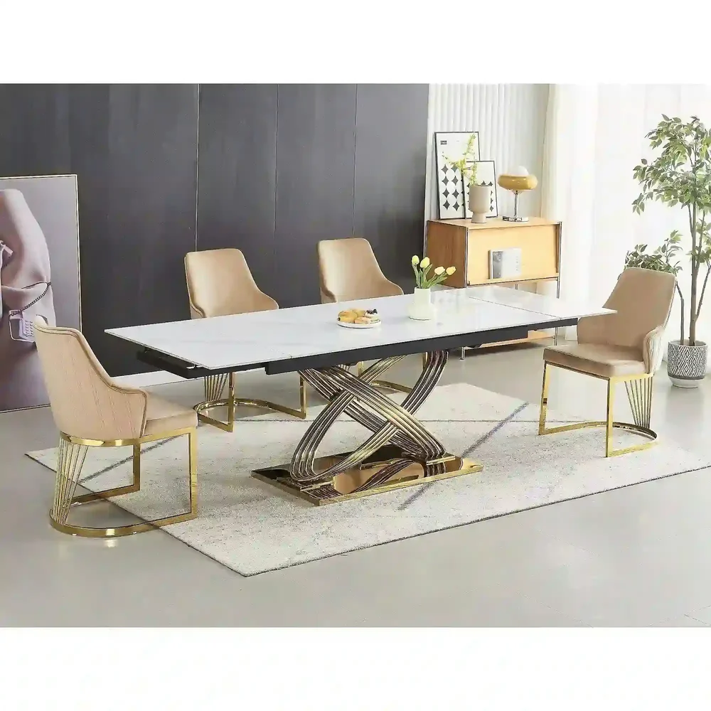 Mese dreptunghiulare - Masa HERMES II - 160/240x90x75 cm, alb cu efect de marmura/auriu