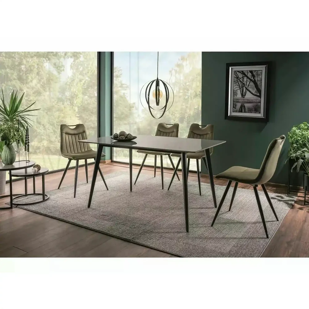 Mese dreptunghiulare - Masa IVY, alb cu efect de marmura/negru, ceramica/metal, 140x80x75 cm