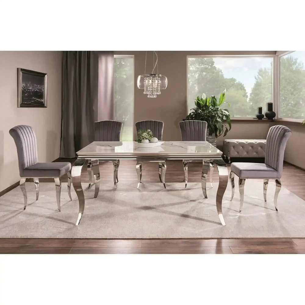 Mese dreptunghiulare - Masa PRINCE - 150x90x75 cm, alb cu efect de marmura/crom, ceramica/metal