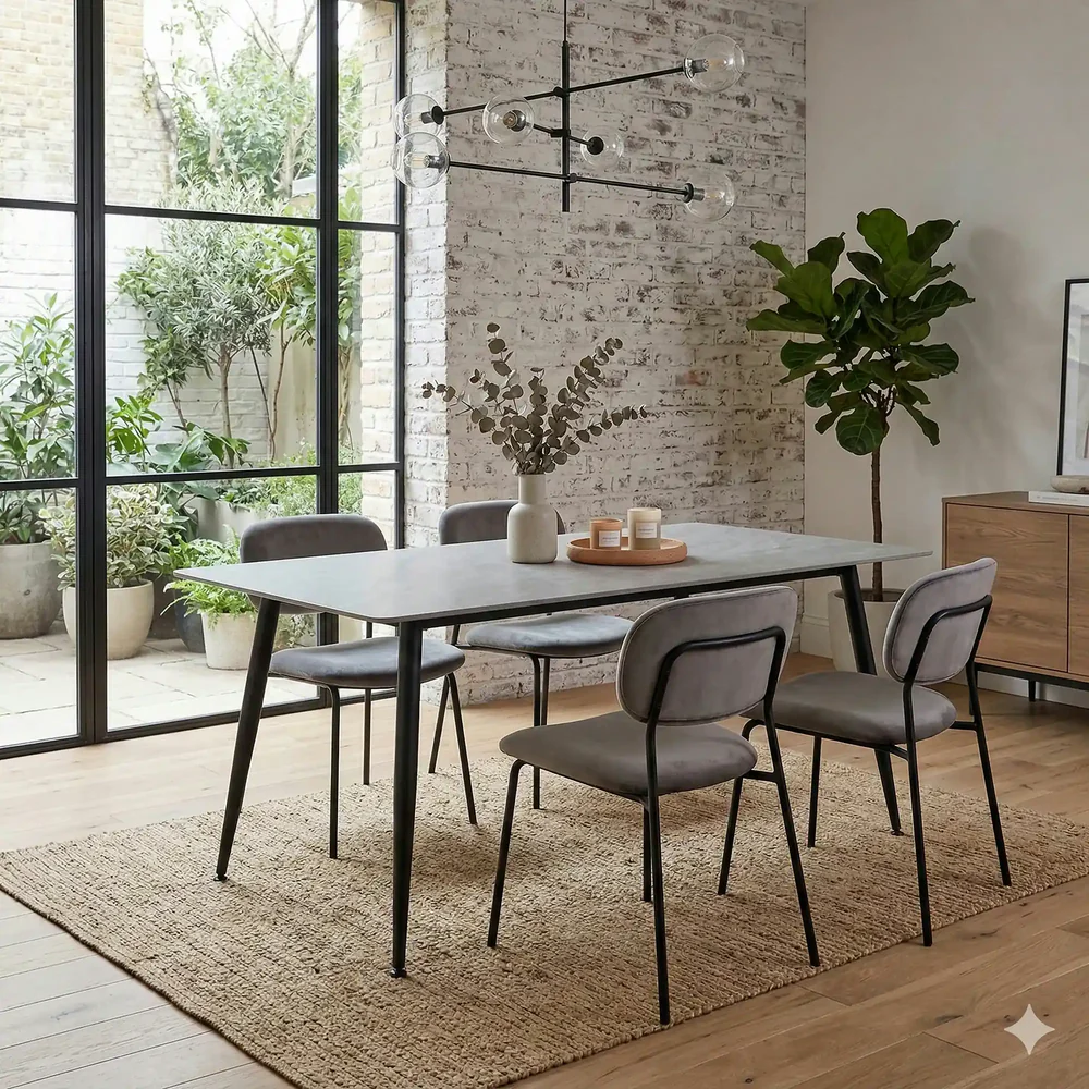 Mese dreptunghiulare - Masa RION, gri cu efect de marmura, ceramica/metal, 130x70x76 cm