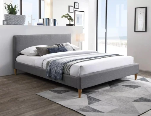 MOBILA - Pat tapițat Acoma, stofă gri, 160x200 cm, cu somieră inclusă, design modern