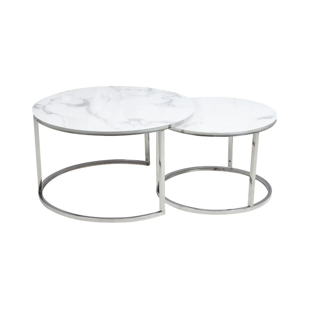 Mese - Set 2 masute ATLANTA B - 80x45 cm / 60x42 cm - alb cu efect de marmura/crom, sticla/otel