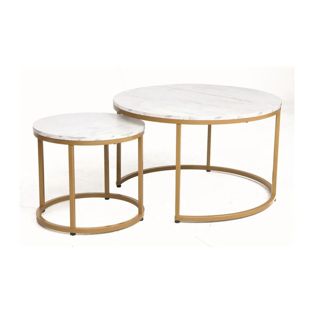 Mese - Set 2 masute cafea DION - D80/48 x 48/42 cm - alb cu efect de marmura/auriu