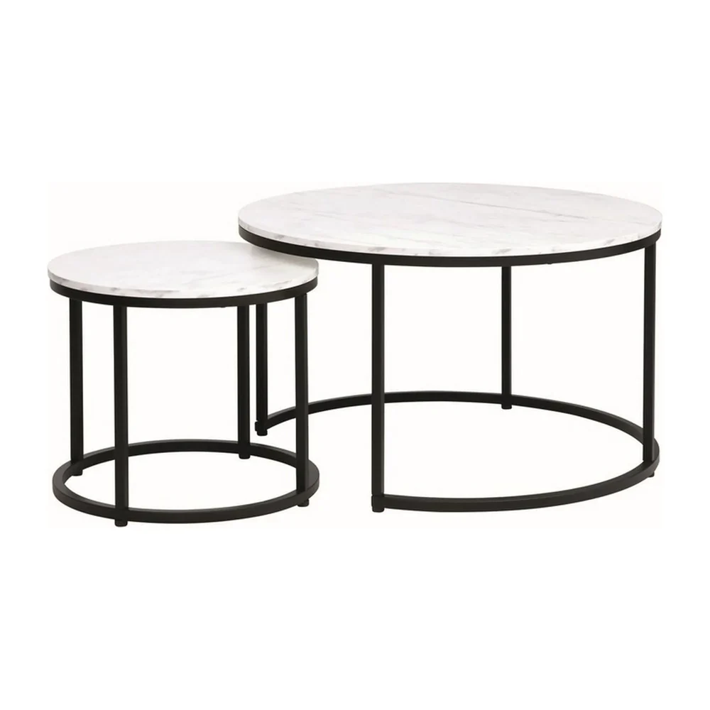 Mese - Set 2 masute cafea DION - D80/48 x 48/42 cm - marmura/negru, PAL laminat/metal