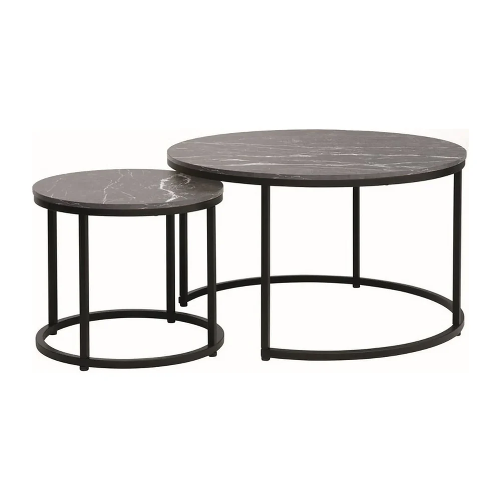 Mese - Set 2 masute cafea DION - D80/48 x 48/42 cm - negru cu efect de marmura/negru