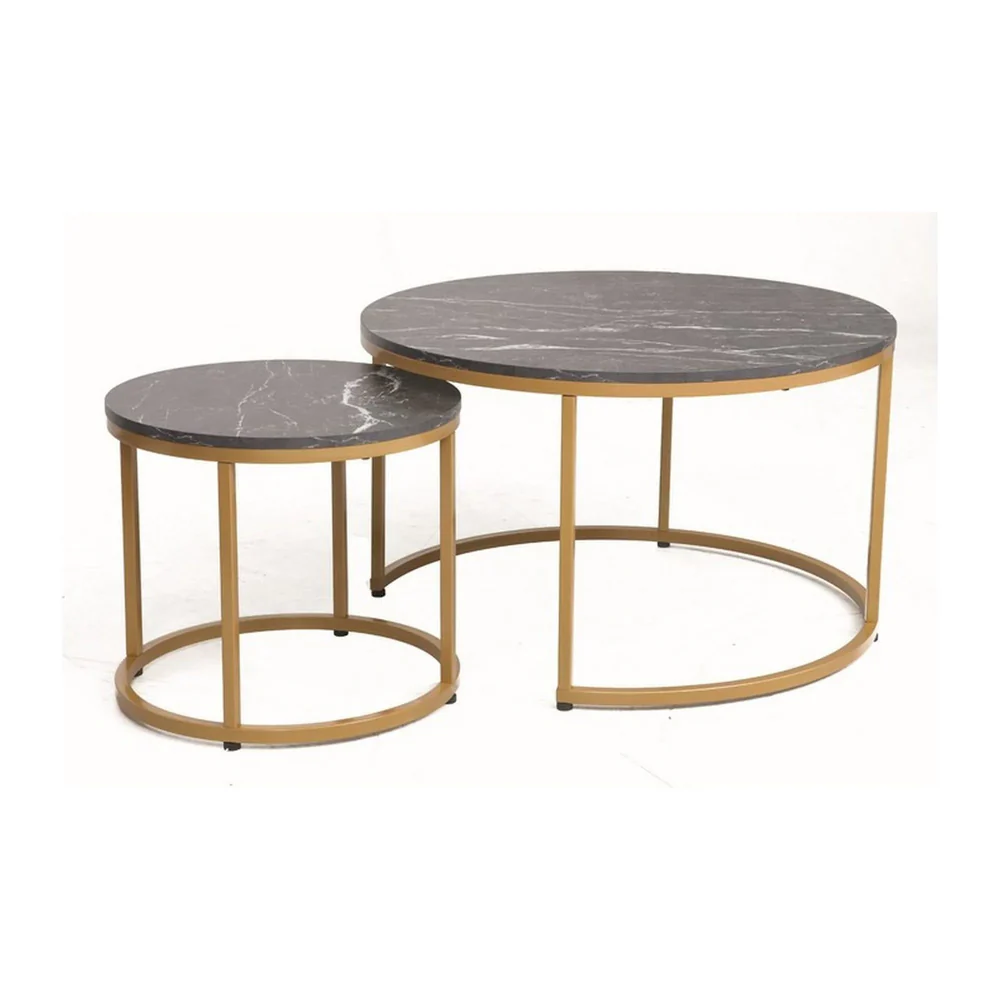 Mese - Set 2 masute cafea DION - D80/48 x 48/42 cm - negru cu efect de marmura/auriu, PAL laminat/metal
