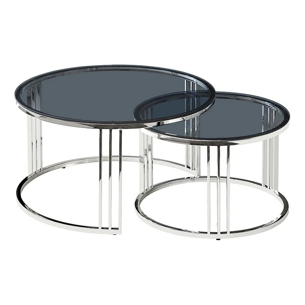 Mese - Set 2 masute de cafea VIENNA - 80/60 x 45/40 cm, fumuriu/argintiu, sticla/metal