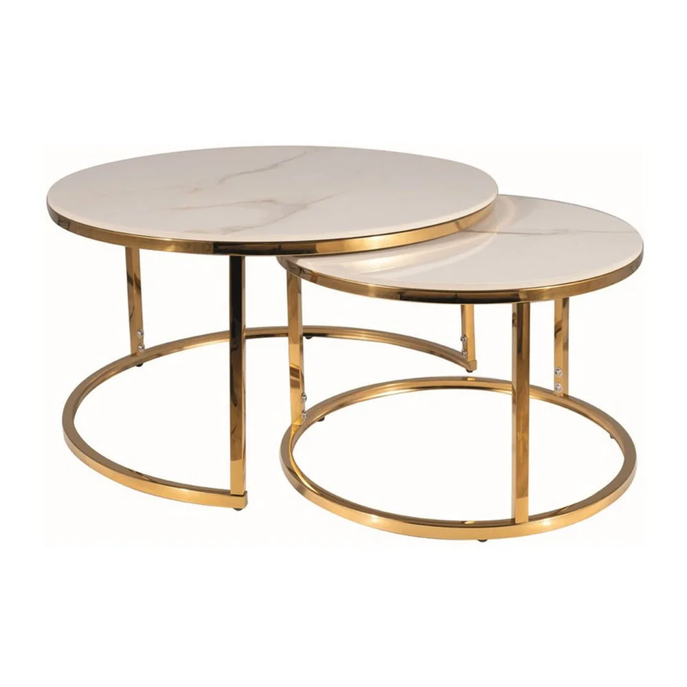 Mese - Set 2 masute PORTAFINO A - 80/60, alb cu efect de marmura/auriu, ceramica/metal