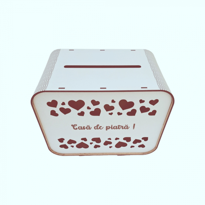 Cutie dar nunta, casa de piatra, HDF, alb, 26x16x20cm [2]
