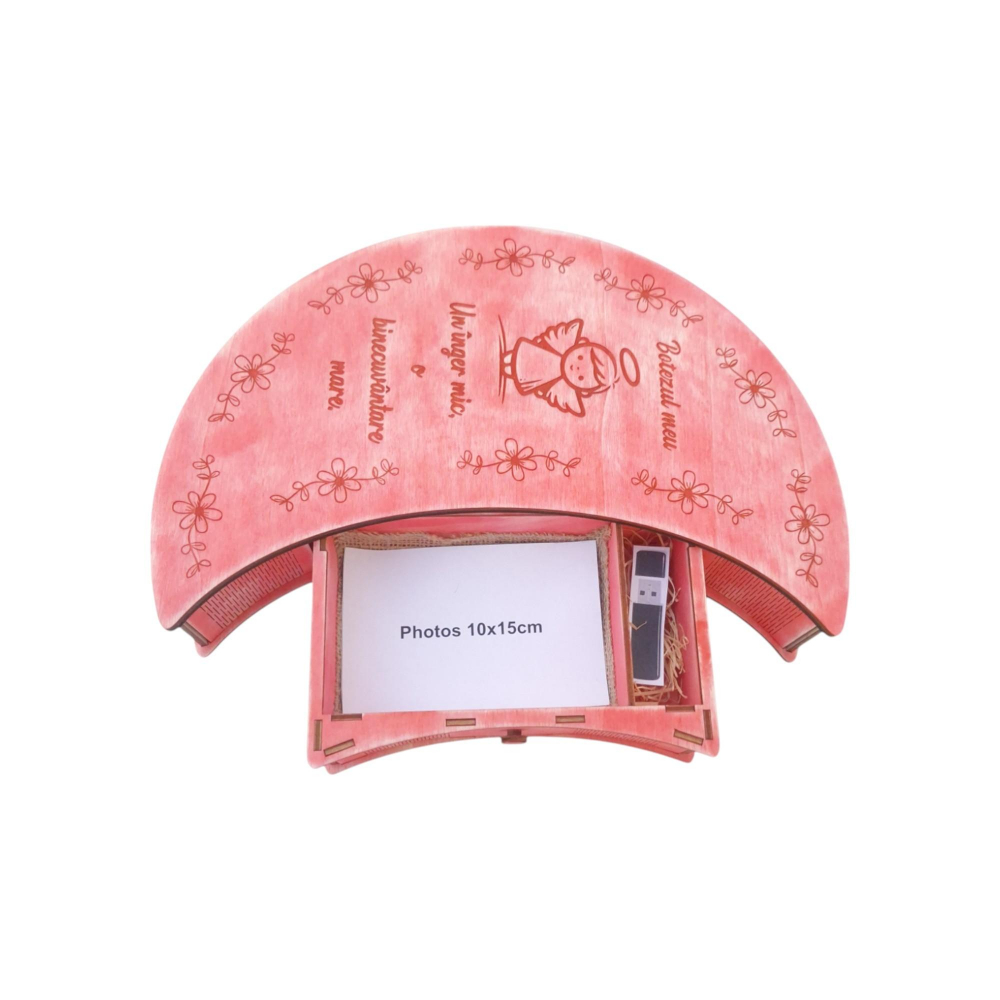 Cutie din lemn, compartiment stick si poze 10x15cm pentru botez, roz vintage [5]
