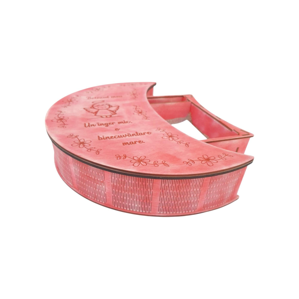 Cutie din lemn, compartiment stick si poze 10x15cm pentru botez, roz vintage [7]