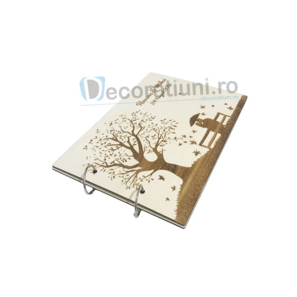 Guestbook din lemn personalizat, guestbook nunta - model copac si cuplu pe banca [4]