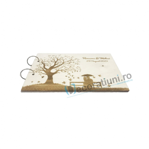 Guestbook din lemn personalizat, guestbook nunta - model copac si cuplu pe banca [2]