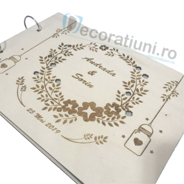Guestbook din lemn personalizat, guestbook nunta - model ramura cu flori si candele agatate [5]