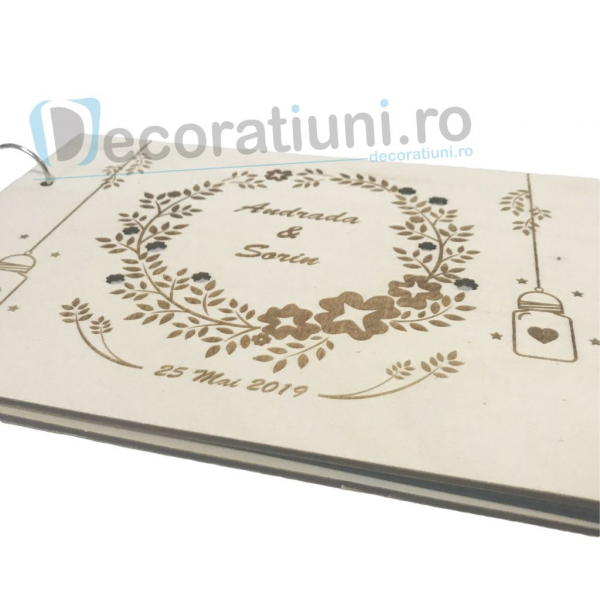 Guestbook din lemn personalizat, guestbook nunta - model ramura cu flori si candele agatate [4]