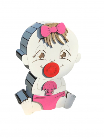 Cutii cadou copii - Cutie cadou din lemn, model fata bebelus, 32x22x9cm
