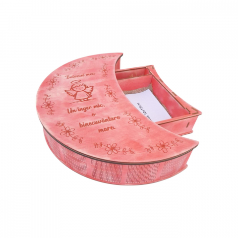 Cutie din lemn, compartiment stick si poze 10x15cm pentru botez, roz vintage [8]