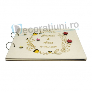 Guestbook din lemn personalizat, guestbook coperti - model ramura cu flori si fluturi [1]